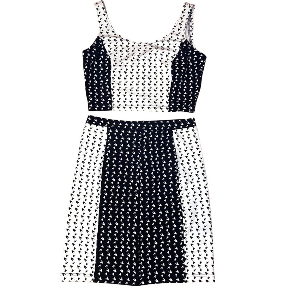 Gianni Bini Black Skirt Set 6 Houndstooth Zip Front Crop Top Mini Skirt 2 Piece